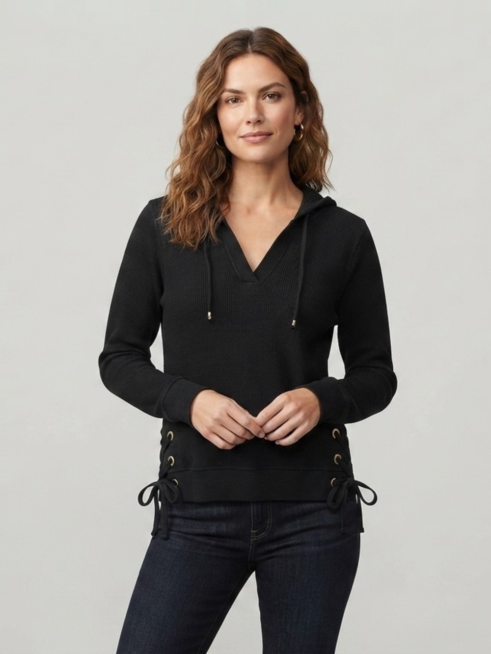 Michael Kors Black V-Neck Hooded Waffle Knit Sweater with Side Lace-Up